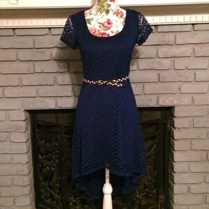 Navy Blue Crochet Hi-Lo Short Sleeved Belted Dress